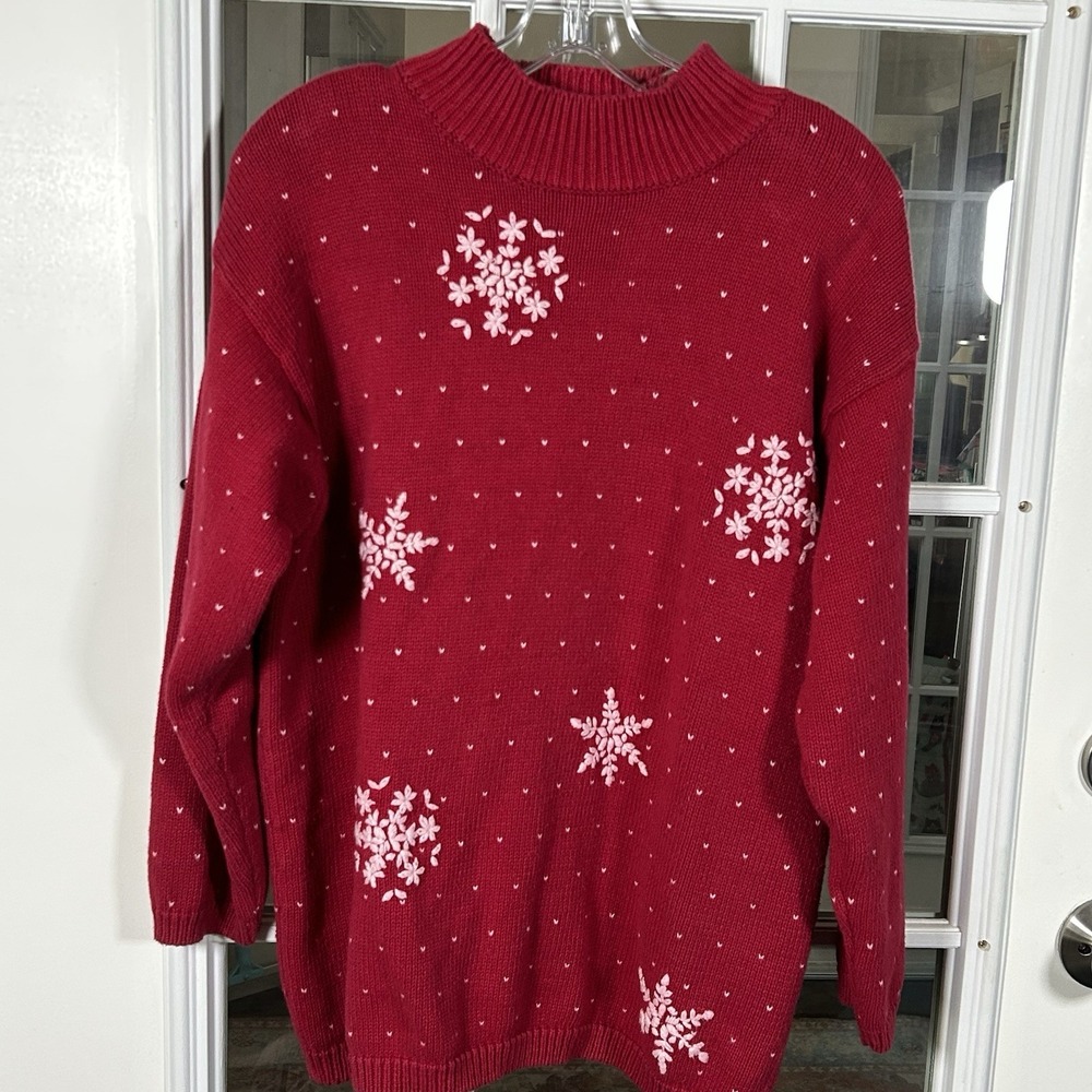 Vintage 90s Liz Claiborne Red White Snowflake Sweater Mock Neck Embroidered M